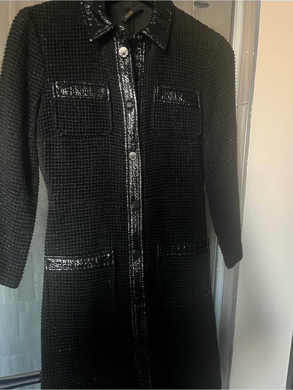 Maje Black Textured Trench Coat with Patent Trim Size 34/xs